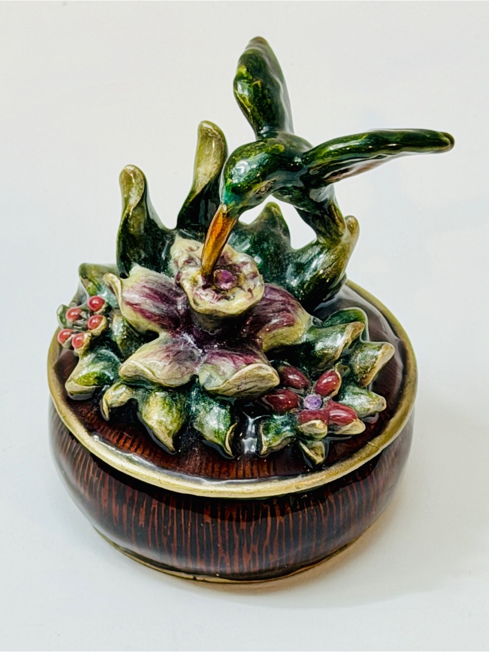 Jeweled Enamel Hummingbird Flower Hinged Trinket Box 2¾”
